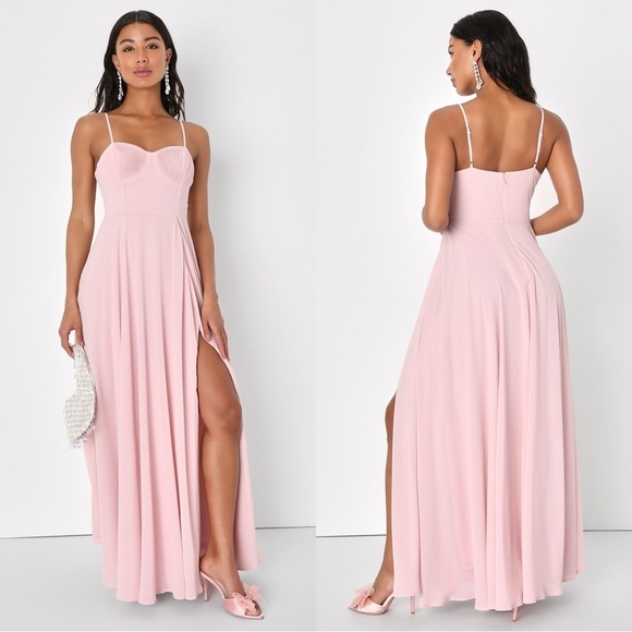 Size S - NWOT‎ Lulus Cause for Commotion Light Pink Pleated Bustier Maxi Dress - Picture 1 of 7